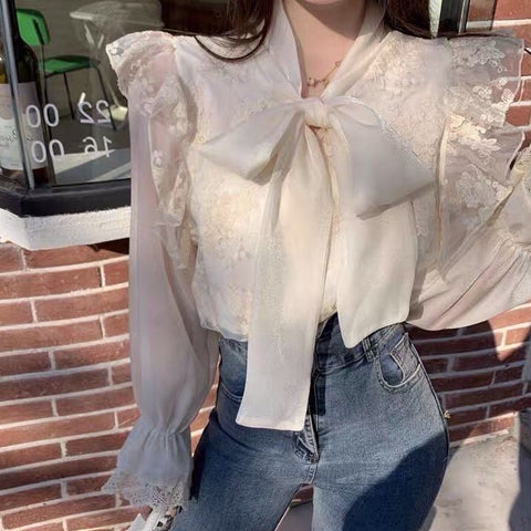 Ruffle Lace Tie Neck Blouse