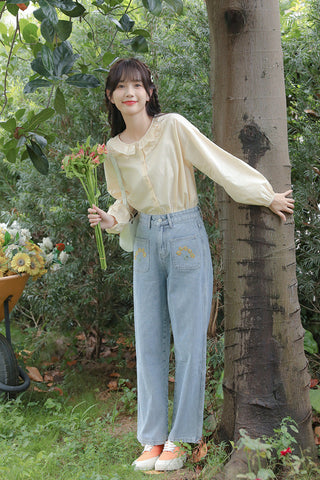 Embroidered Sunflower Pocket Jeans