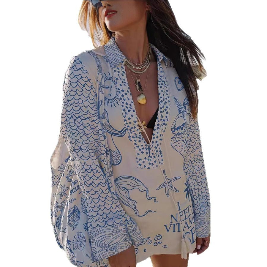 Satin Unique Print Tassle Shirt and Elastic Waist Shorts Set