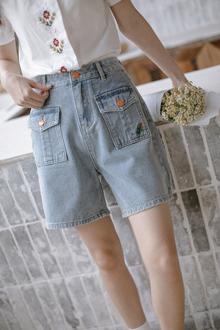 Embroidered Button Pocket Shorts