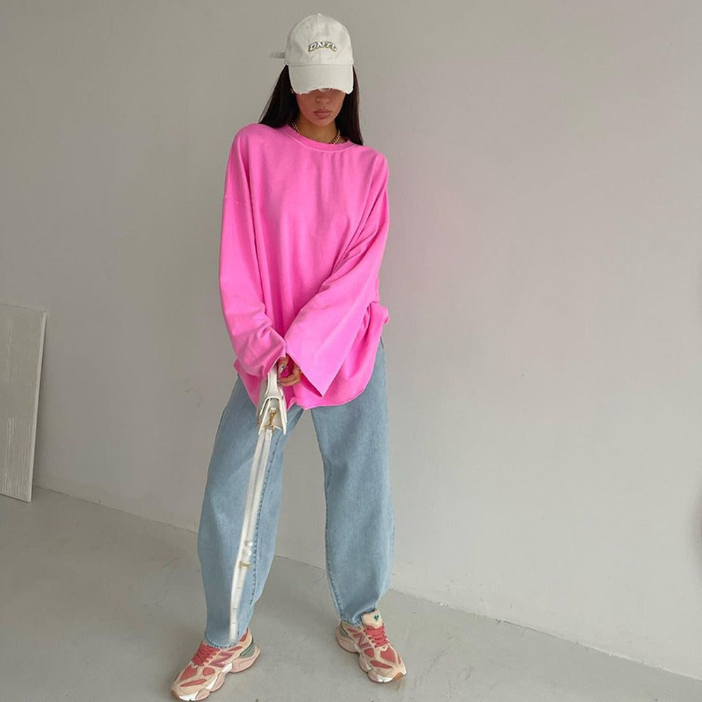 Pink Long-Sleeved Loose Solid Color Shirt