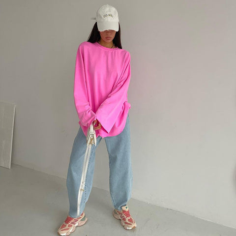 Pink Long-Sleeved Loose Solid Color Shirt