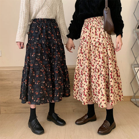Rose Corduroy Tiered Midi Skirt