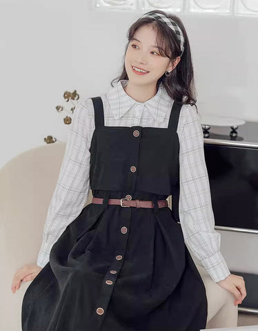 Suede Button Up Cami Pinafore Dress Set