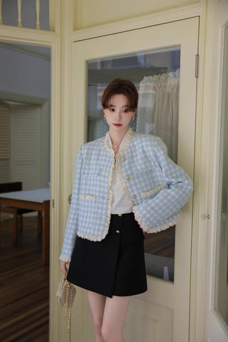 Gingham Lace Trim Tweed Jacket