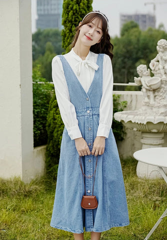 Button Denim Midi Pinafore Dress