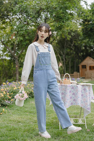 Retro Floral Embroidered Denim Overalls