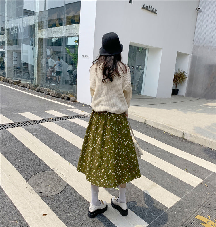 Raining Flowers Corduroy Midi Skirt