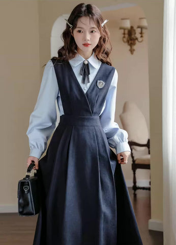 Corduroy Suede Midi Pinafore Dress & Blouse Set