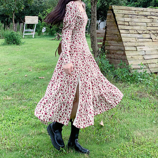 Vestido midi de pana con estampado floral