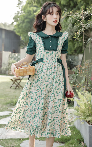 Flower Buds Pinafore Twofer Dress