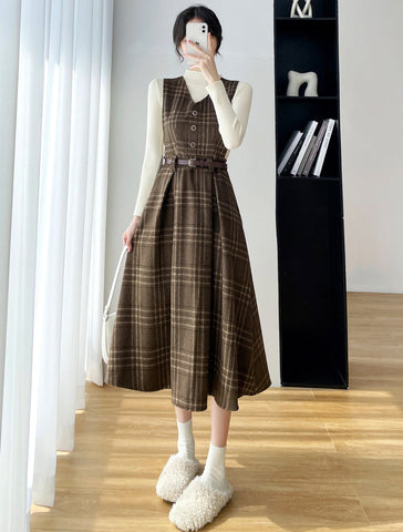 Coffee Plaid Midi Pinafore Dress