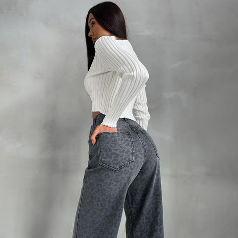 Washed Denim Slim Retro Distressed High Waist Jeans