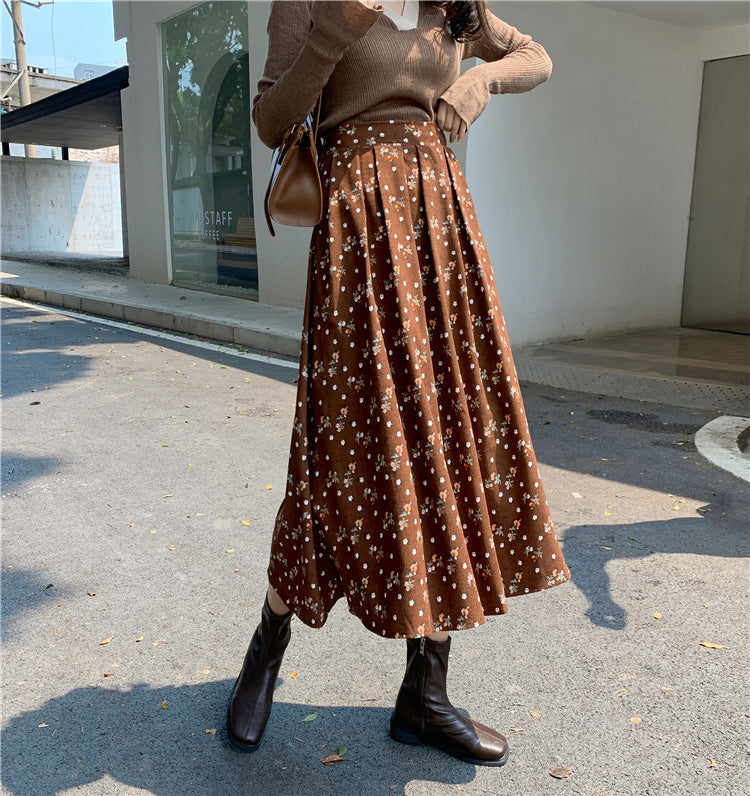 Raining Flowers Corduroy Midi Skirt