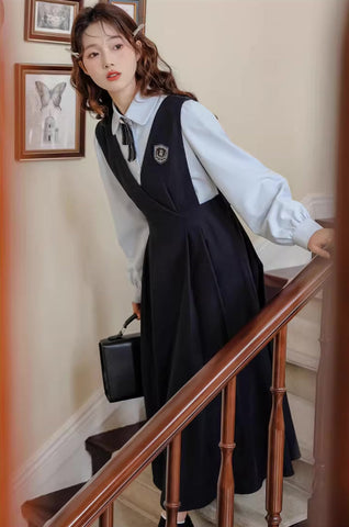 Corduroy Suede Midi Pinafore Dress & Blouse Set