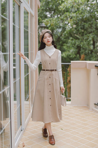 Button Up Suede Pinafore Dress