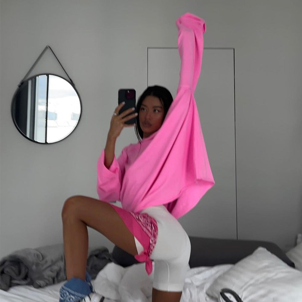 Pink Long-Sleeved Loose Solid Color Shirt