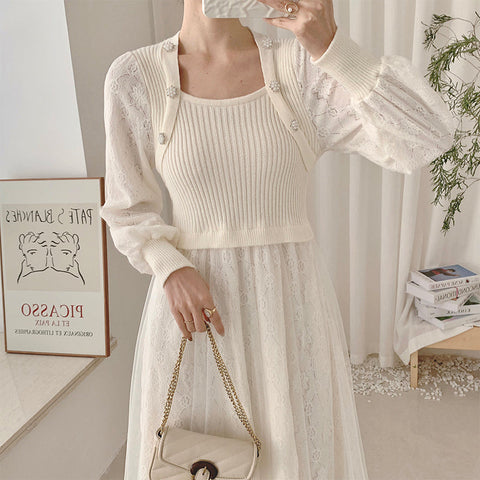 Vestido de suéter de punto con encaje