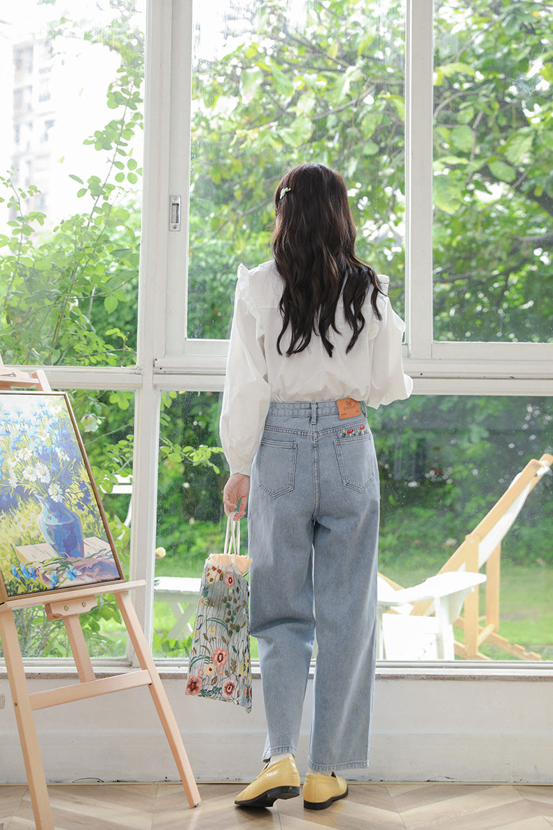 Mushroom Embroidered Mom Jeans