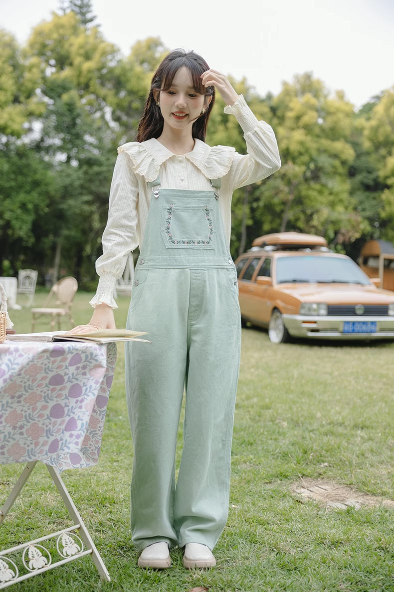 Flower Vines Embroidered Overalls