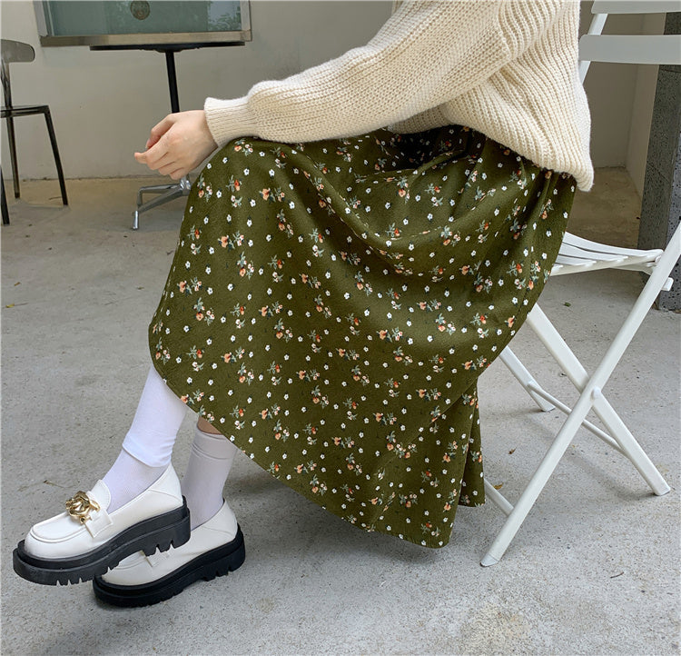 Raining Flowers Corduroy Midi Skirt