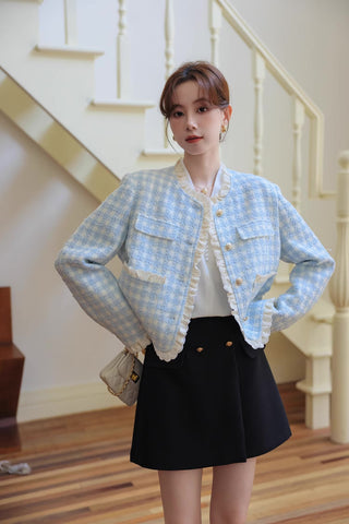 Gingham Lace Trim Tweed Jacket