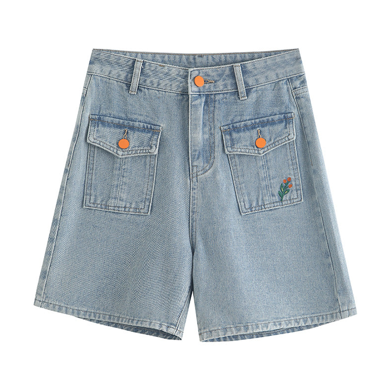 Embroidered Button Pocket Shorts