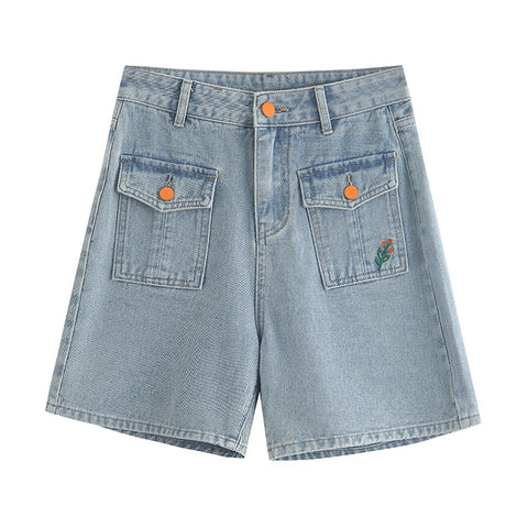 Embroidered Button Pocket Shorts