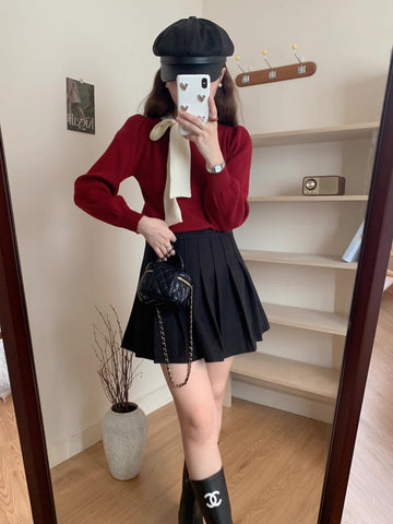 Pullover mit Puffärmeln und Bindekragen