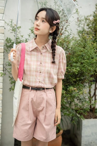 Strawberry Matcha Plaid Blouse