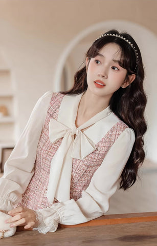 Tie Neck Tweed Mini Shift Dress