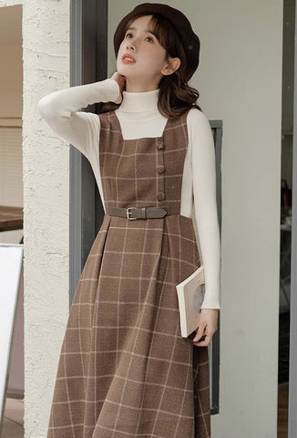 Belted Plaid Pinafore Dress