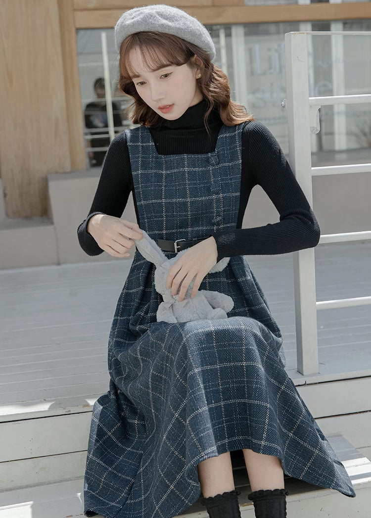 Belted Plaid Pinafore Dress