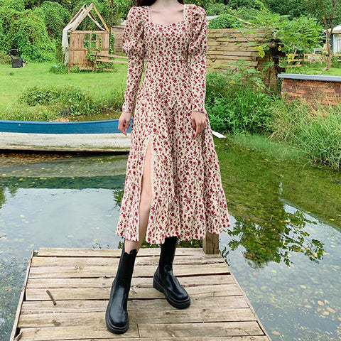 Vestido midi de pana con estampado floral