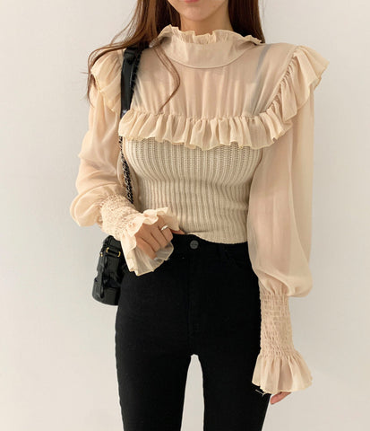 Ruffle High Neck Mixed Shirt