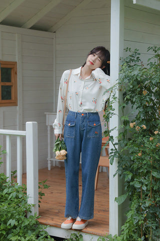 Embroidered Button Pocket Jeans