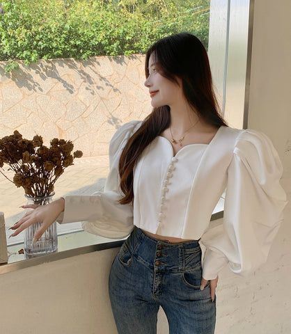 Puff Sleeve Sweetheart Button Up Blouse