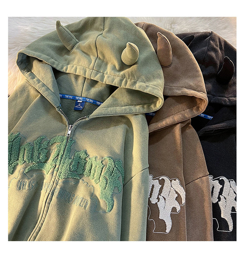 Horn Detail Fleece Lined Zip-Up Hoodie