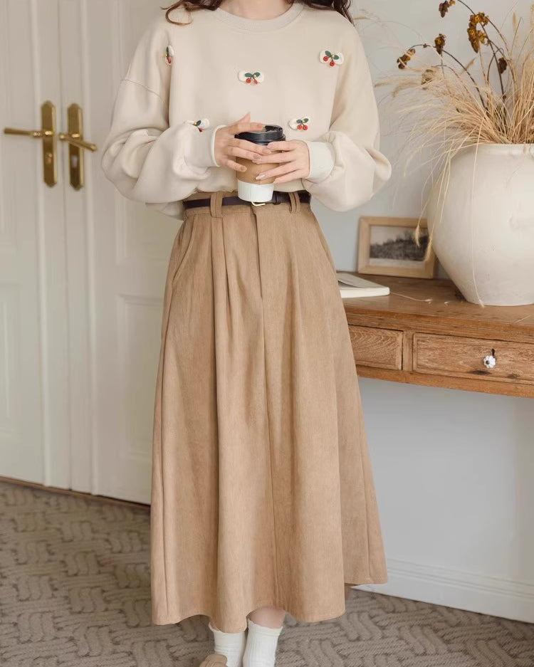 Belted Corduroy Midi Skirt