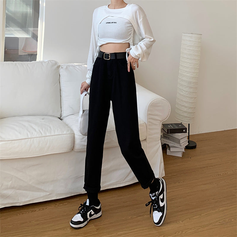 Belted Cropped Mom Jeans