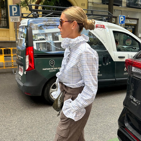 Cotton Plaid Ruffle Lace Long Sleeve Shirt