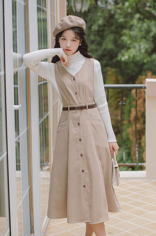 Button Up Suede Pinafore Dress