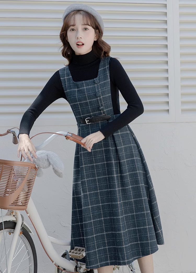 Belted Plaid Pinafore Dress