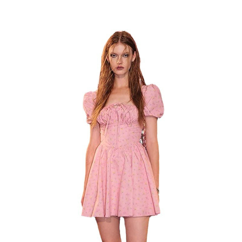 Sweet Style Frilled Tiered Ruffle Floral Printed Mini Dress - Pink