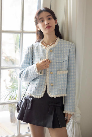 Gingham Lace Trim Tweed Jacket