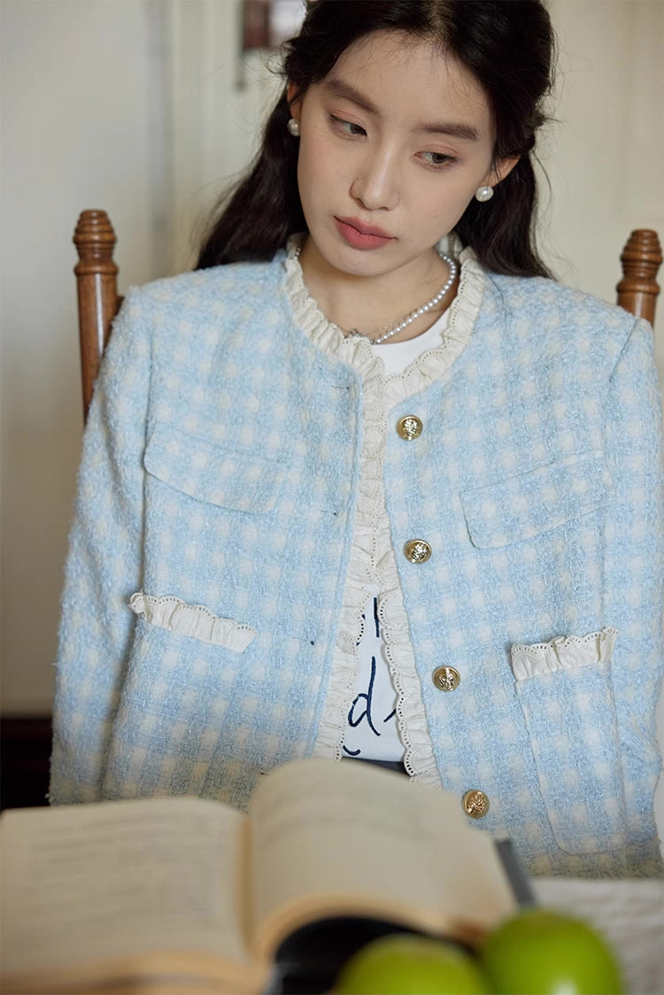 Gingham Lace Trim Tweed Jacket