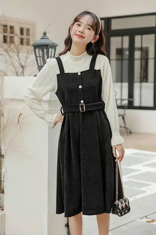 Corduroy Knit Belted Twofer Midi Dress