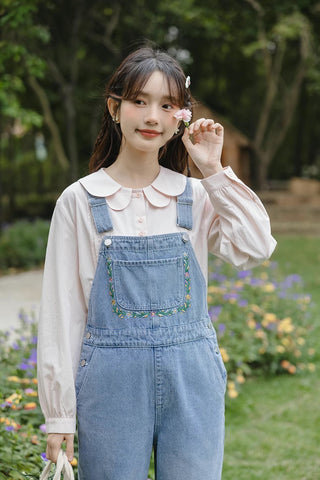 Retro Floral Embroidered Denim Overalls