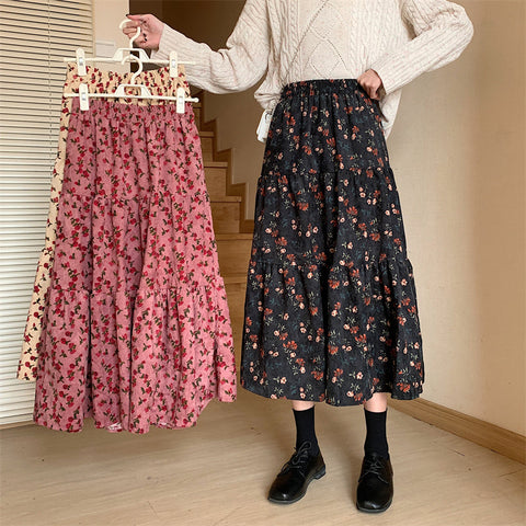 Rose Corduroy Tiered Midi Skirt