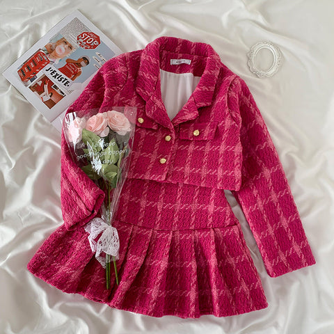 Tweed-Blazer-Rock-Set mit Karomuster